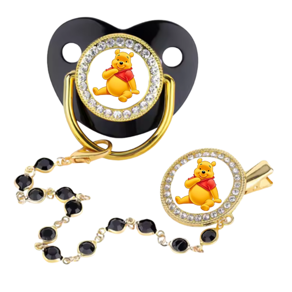 Luxury Baby Pacifier Set with Cartoon Bear Design - Black Shield, Rhinestone Trim, Gold Chain & Clip, Novelty Soother for Infants & Toddlers