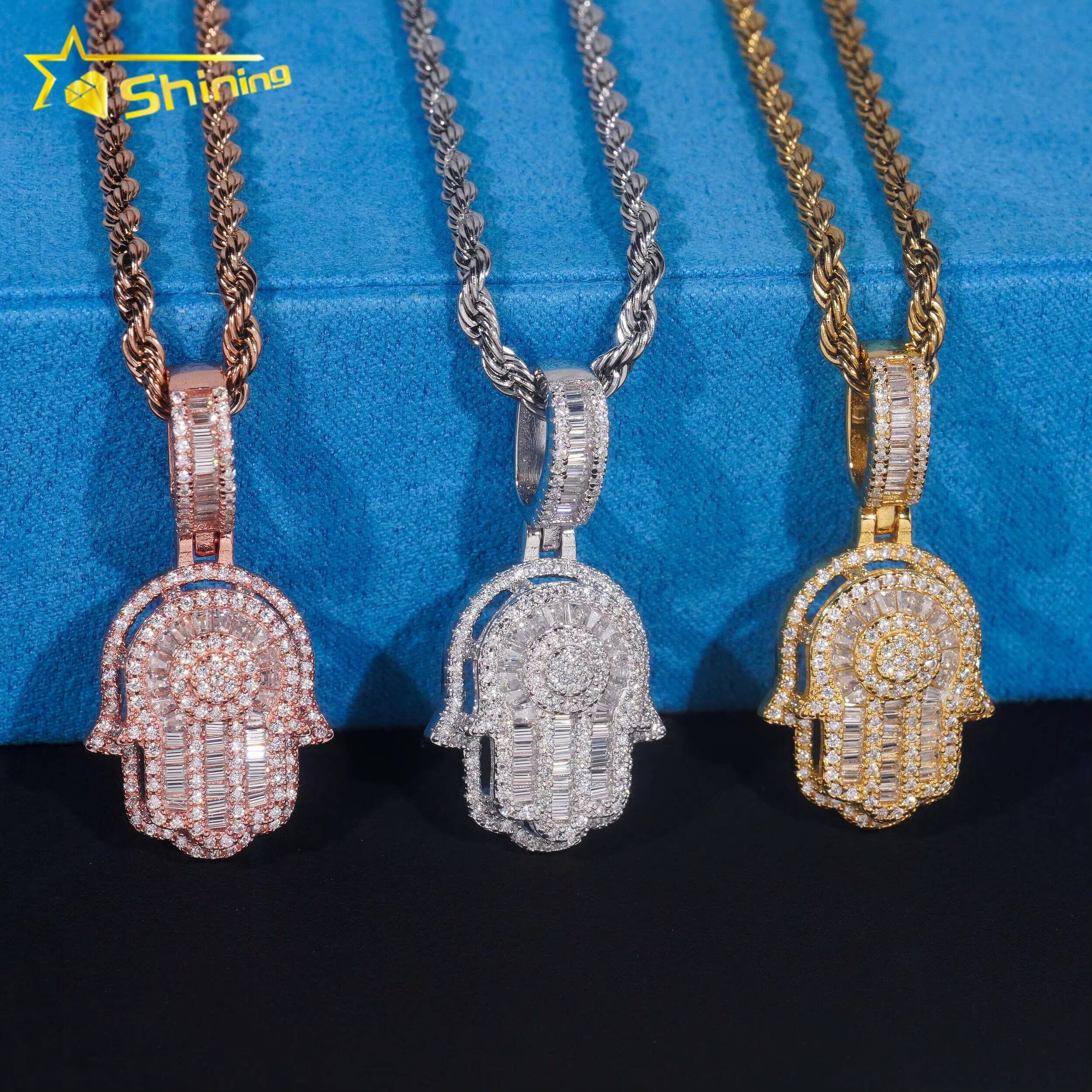 New Fashion Jewelry Hip Hop Jewelry S925 Gold Plated Cute Charms Two Layer Gra Certificate baguette Moissanite Men Hamsa Pendant