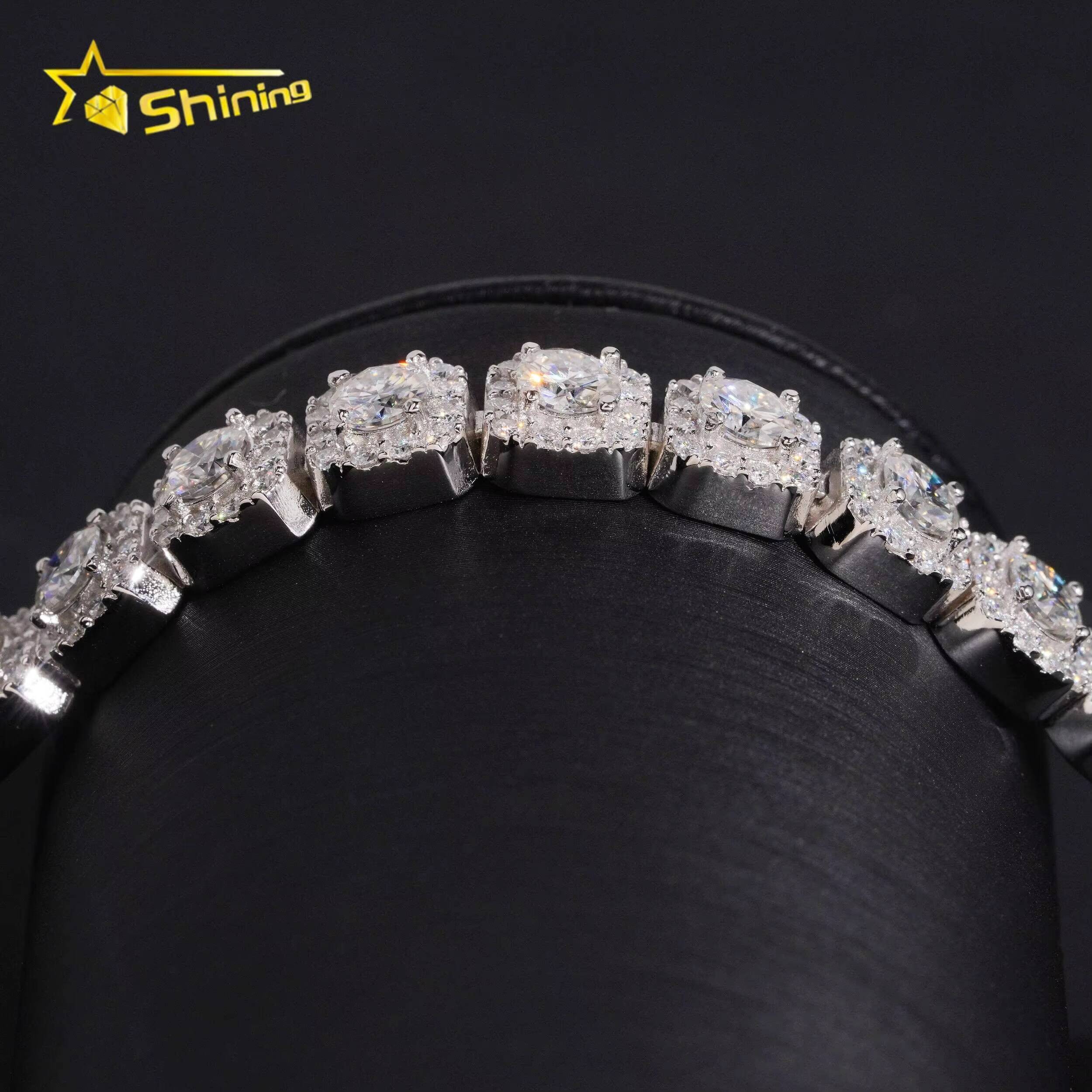 Popular Halo Design 925 Silver Hip Hop 8mm Iced Out Moissanite Diamond Cluster Tennis Bracelet