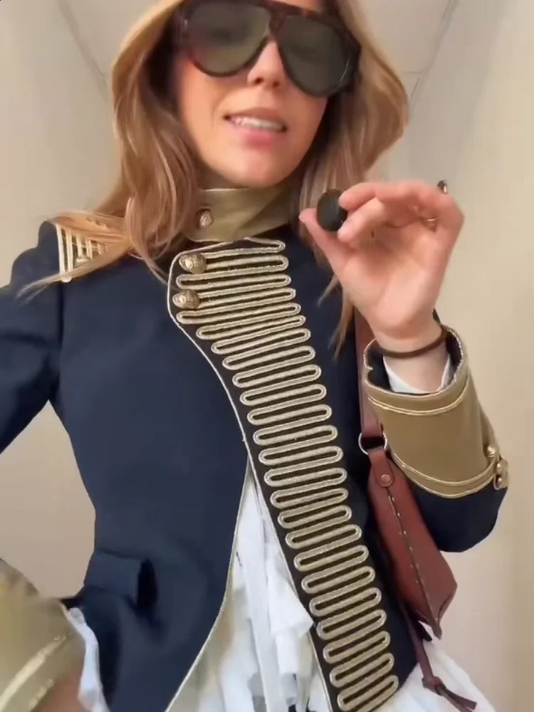 Women Chic Retro Stand Collar Navy Blue Jacket Fashion Gold Embroidered Shoulder Military Coat 2026 Lady Highstreet Outwears 260415