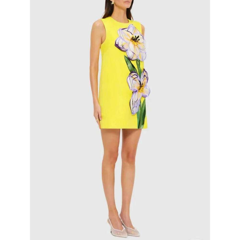 VGH Colorblock Spliced Appliques Short Dress for Women O Neck Sleeveless Patchwork Zipper Fashion Straight Dresses Female Summer MAKOUFEI