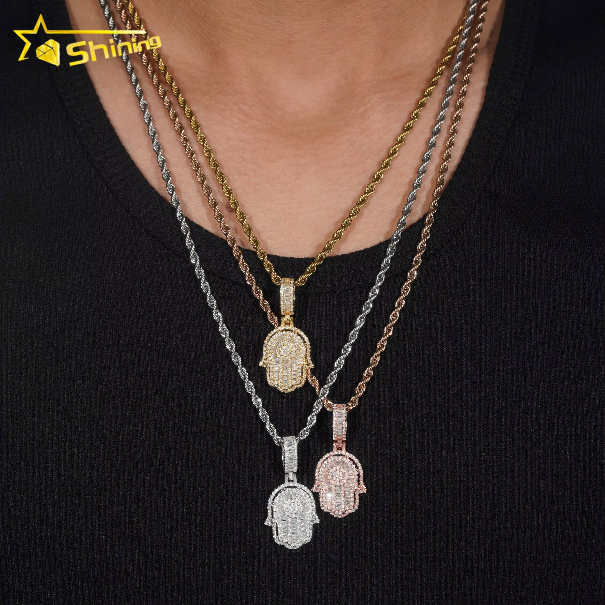 New Fashion Jewelry Hip Hop Jewelry S925 Gold Plated Cute Charms Two Layer Gra Certificate baguette Moissanite Men Hamsa Pendant
