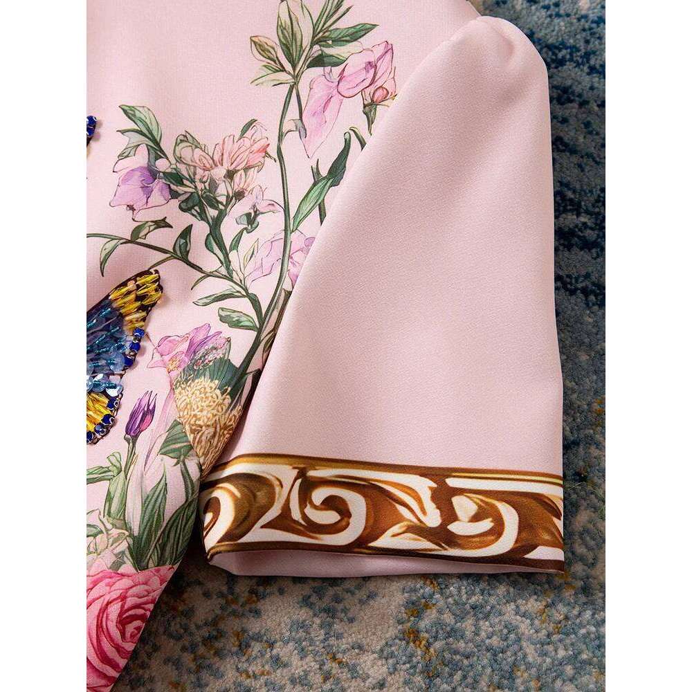 Women Beaded Horse Print Pink Short Sleeve Loose Straight Fit Elegant Spring Summer Casual Midi Dress New Arrival MAKOUFEI