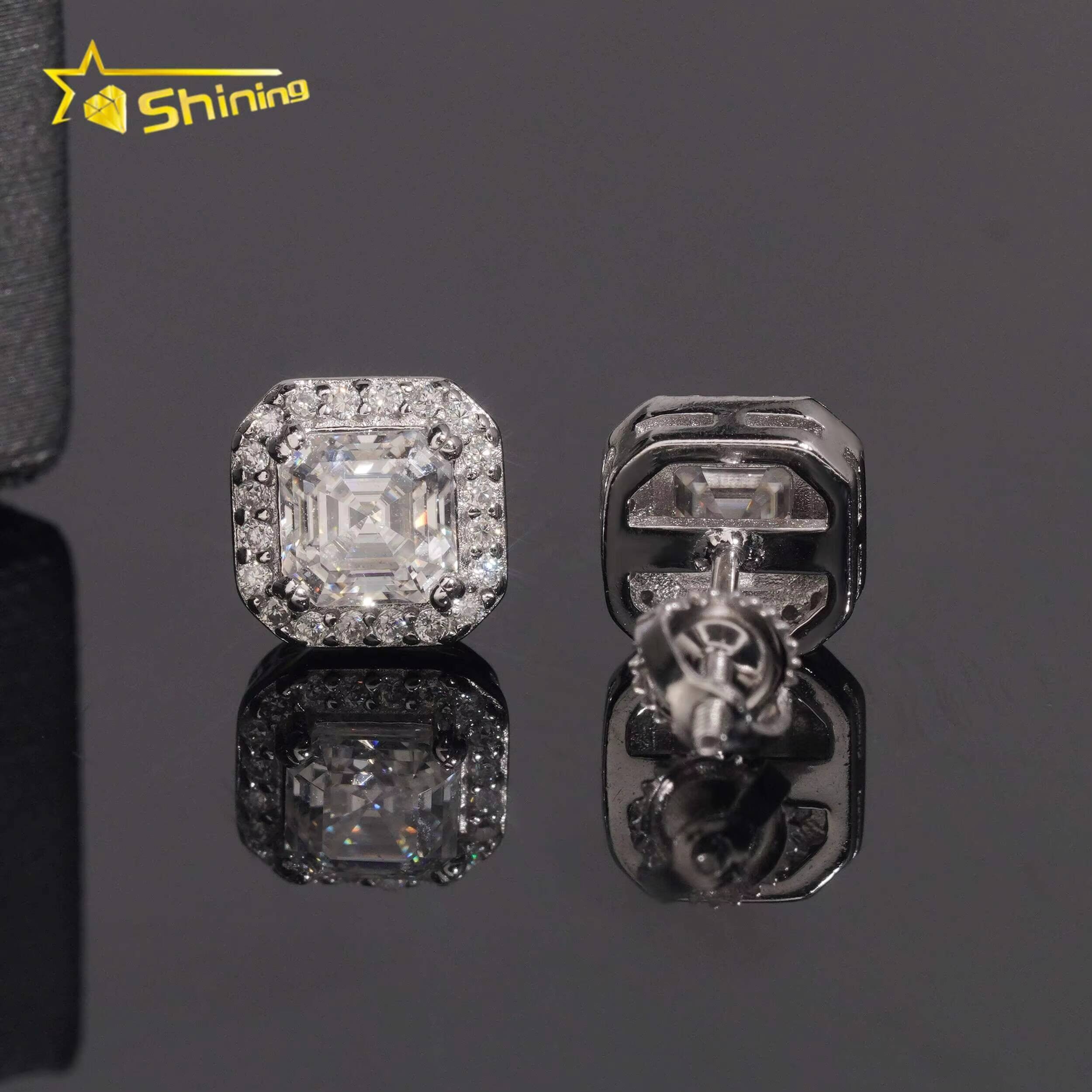 Luxury Hip Hop Jewelry Top Quality D VVS Diamond 925 Silver Men Asscher Cut Halo Moissanite Earrings