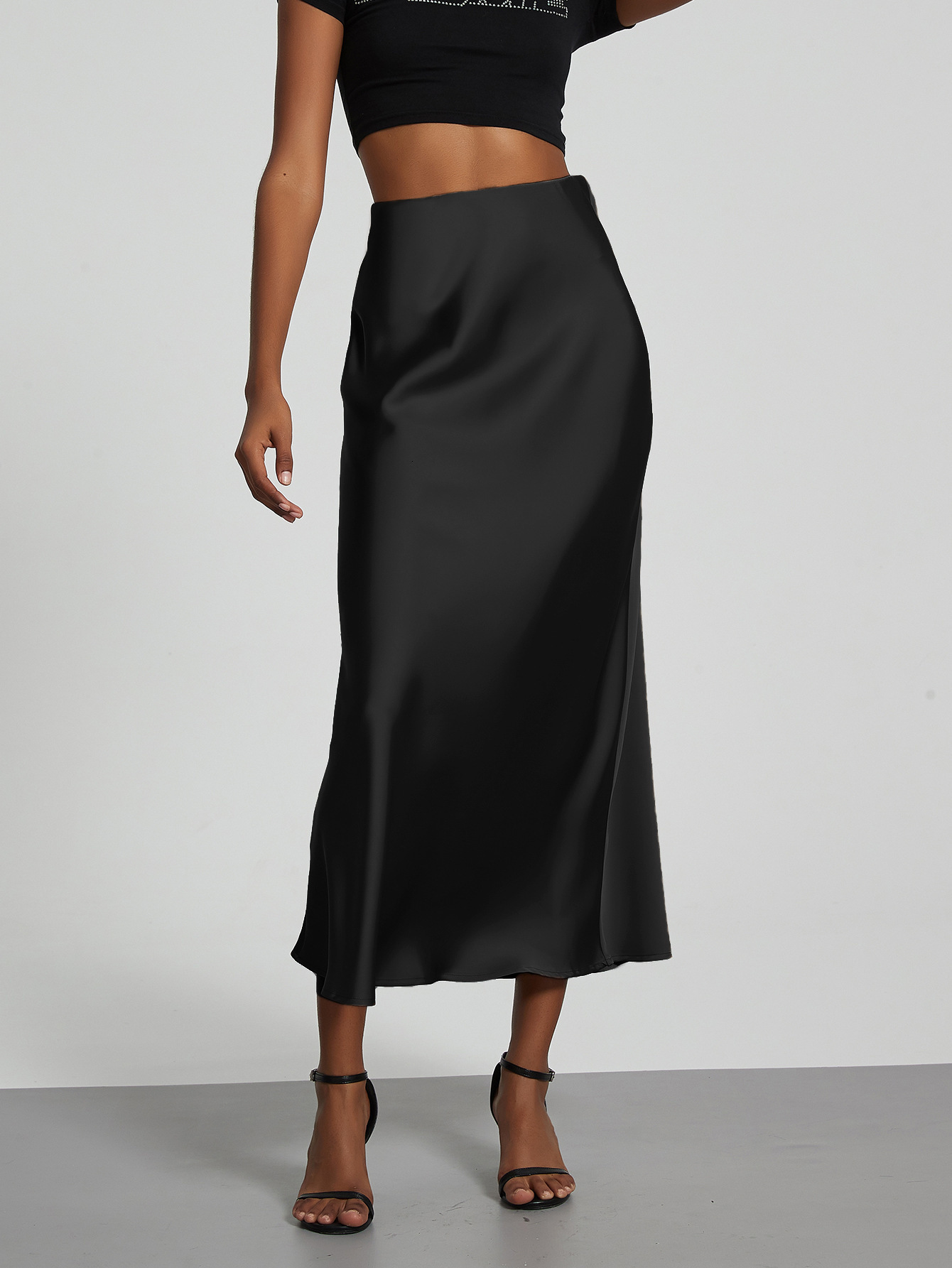 Womens Fashion Elegant Satin Midi Skirt Slimming Draped MidLength Skirt 230720