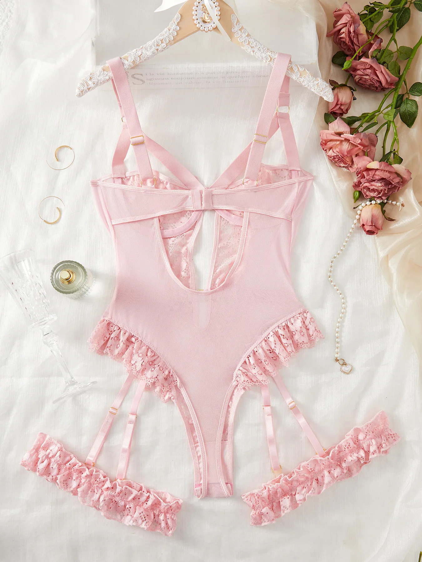 2pcs Red Floral Lace Garter Lingerie Set With Choker Women Intimates Underwire Bra And Thongs Ladies Underwear 260415