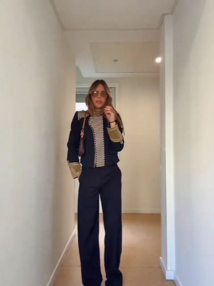 Women Chic Retro Stand Collar Navy Blue Jacket Fashion Gold Embroidered Shoulder Military Coat 2026 Lady Highstreet Outwears 260415