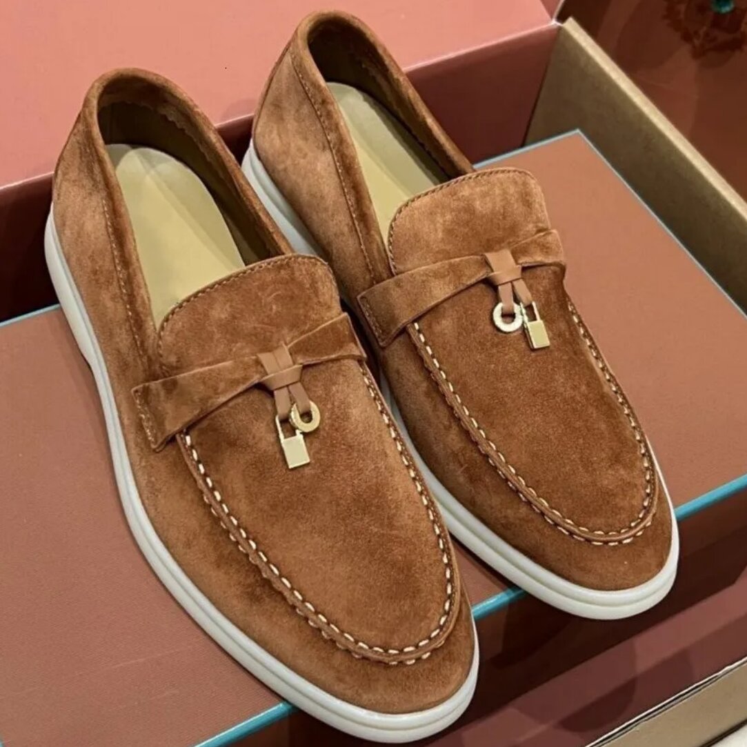 designer slides slippers summer slippers cashmere high quality genuine leather deer skin loafers metal button design round toe flat heel