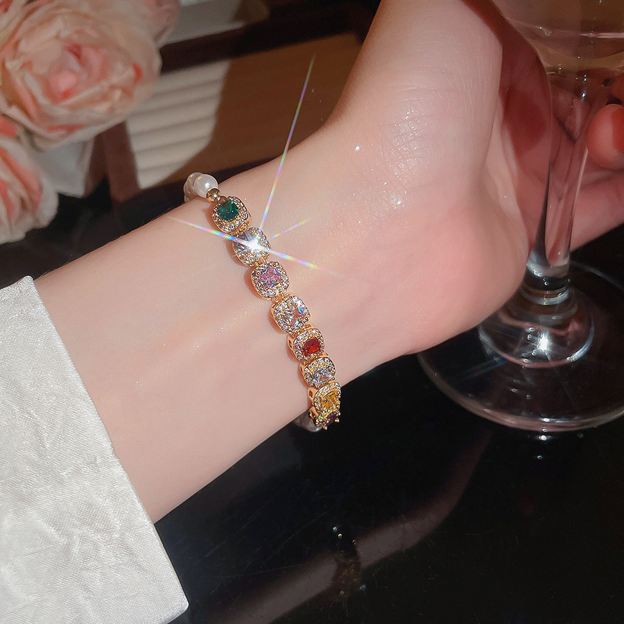 Sparkling Colorful Gemstone Small Cube Pearl Bracelet, Exquisite Craftsmanship, Light Luxury, High-End Feel, Unique and Versatile Jewelry - view 5