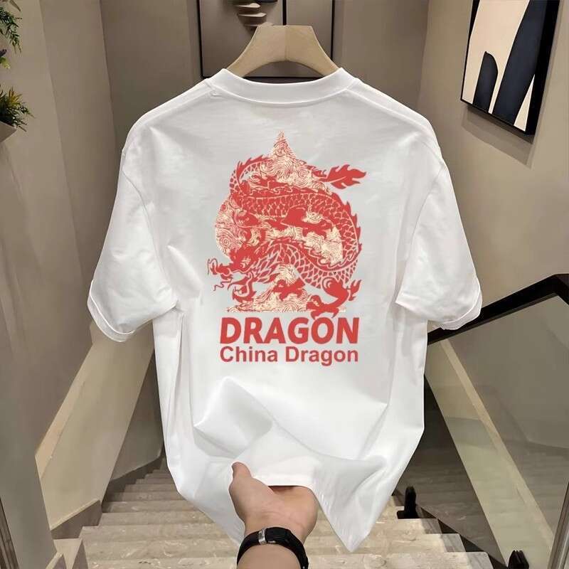 Men Summer Short Sleeve Crew Neck T Shirt Pure Cotton Dragon Graphic Print Loose Fit Soft Breathable Lightweight Casual Trendy Daily Wear Basic Top fo