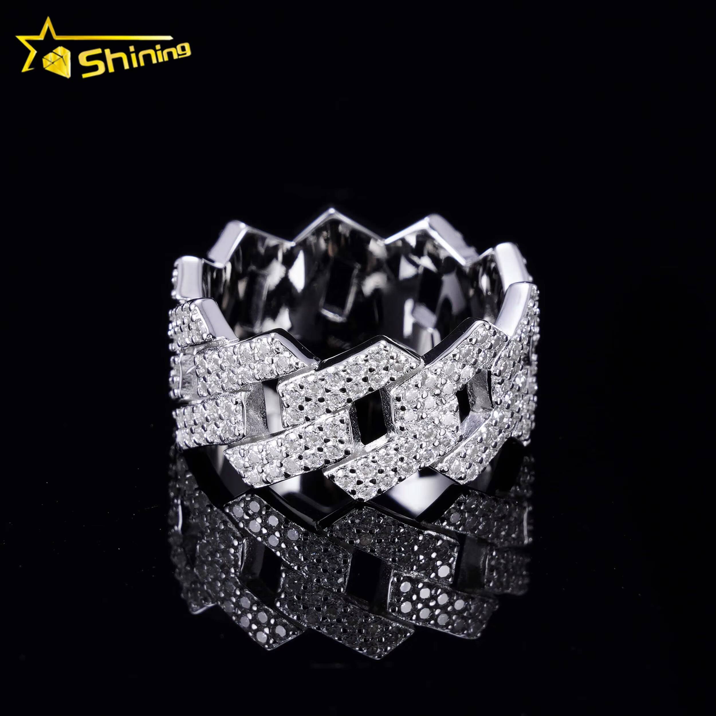 Wholesale Factory Price in Stock Moissanite Jewelry 925 Silver Iced Out 2 Row Diamond Cuban Rings Moissanite Hip Hop Ring