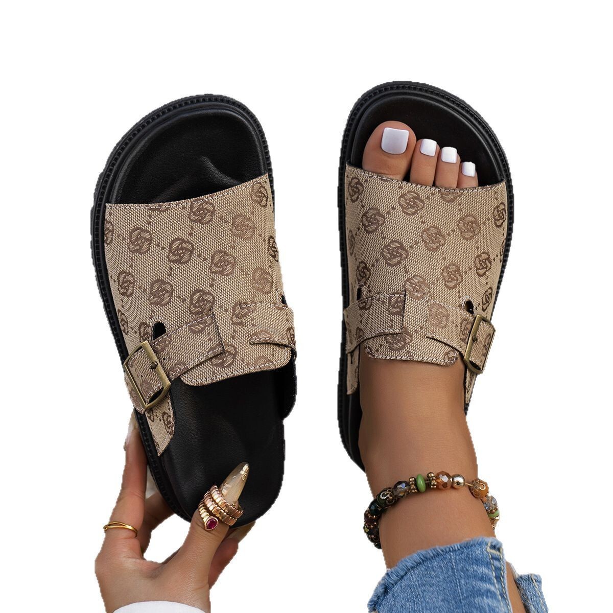 Plus Size Flat For Women New Style High-End Thick Sole European And American Slip-On Belt Buckle One-Strap Roman Slippers