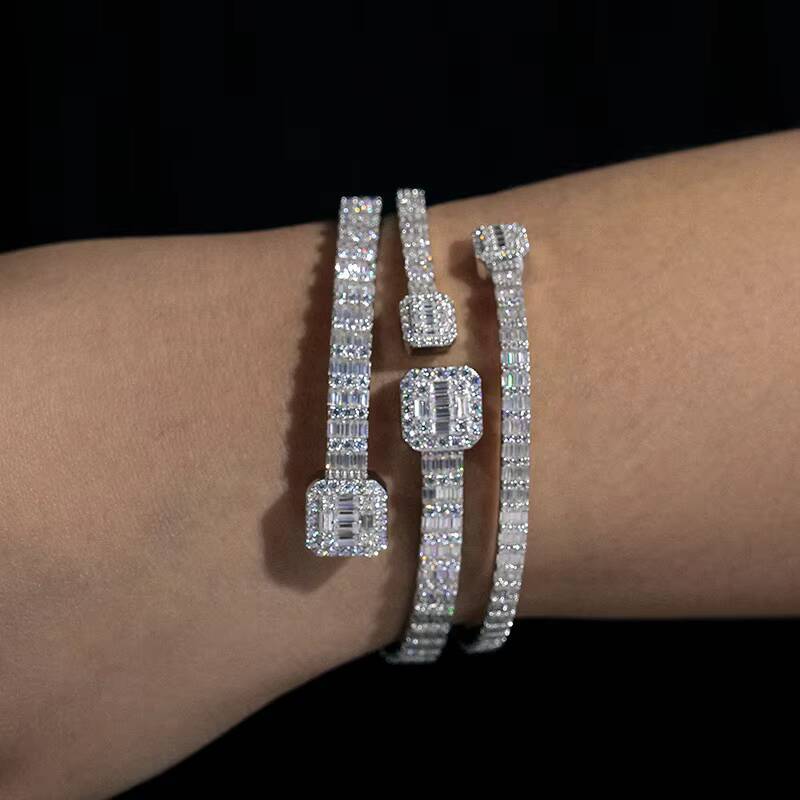 Drop Shipping Fine Women Jewelry 38mm Width 925 Sterling Silver VVS Baguette Moissanite Diamond Famous Brand Cuff Bangle