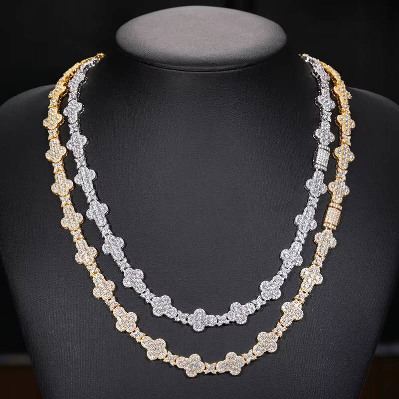925 Sterling Silver Luxury Fine Jewelry Necklace 10mm Moissanite Cross Link Chain Four Leaf Clover Link Chain