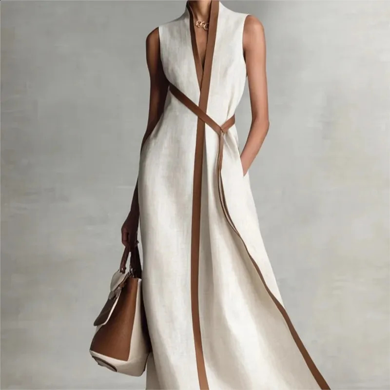 Contrast Color Sleeveless Dress Lace Up 2026 Simple Loose Fashionable Womens Stand Collar Cotton Linen Solid Color Long Dress 260415