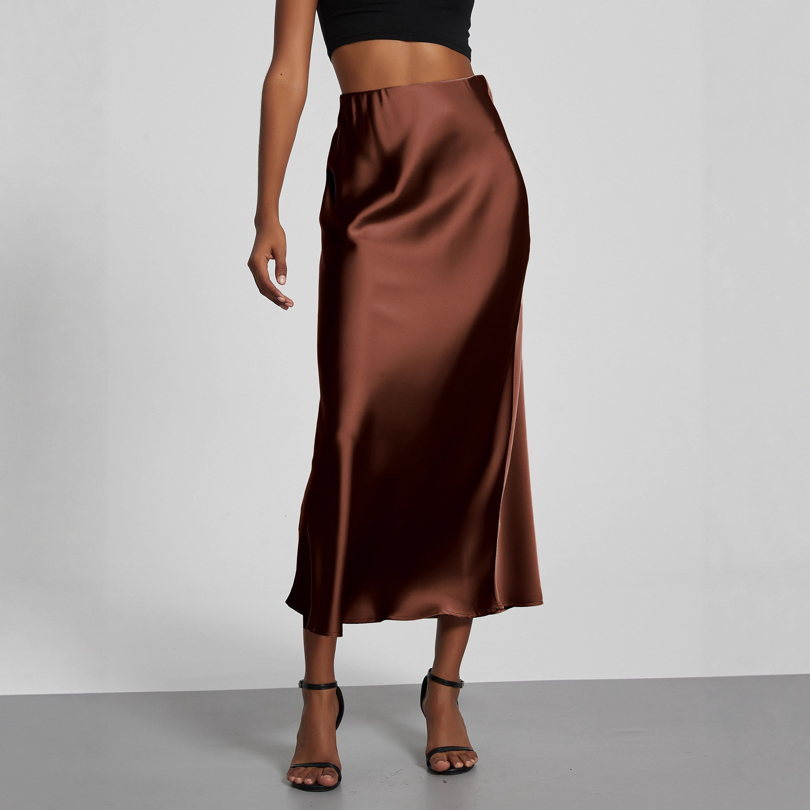 Womens Fashion Elegant Satin Midi Skirt Slimming Draped MidLength Skirt 230720