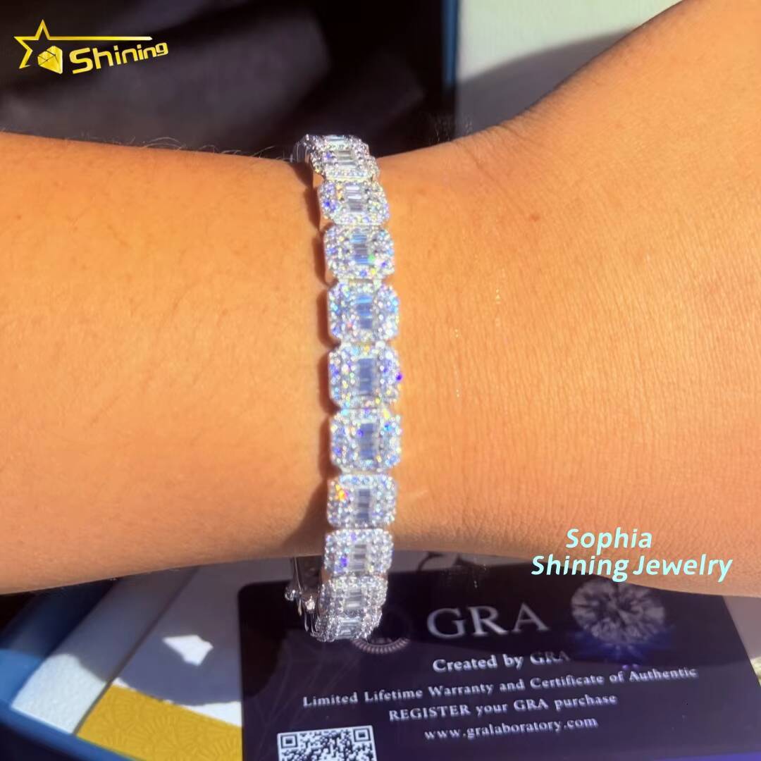 Unique Design 10mm Chain Iced Out baguette 925 Sterling Silver Hip Hop VVS Moissanite Cluster Tennis Cuban Link Chain Bracelet