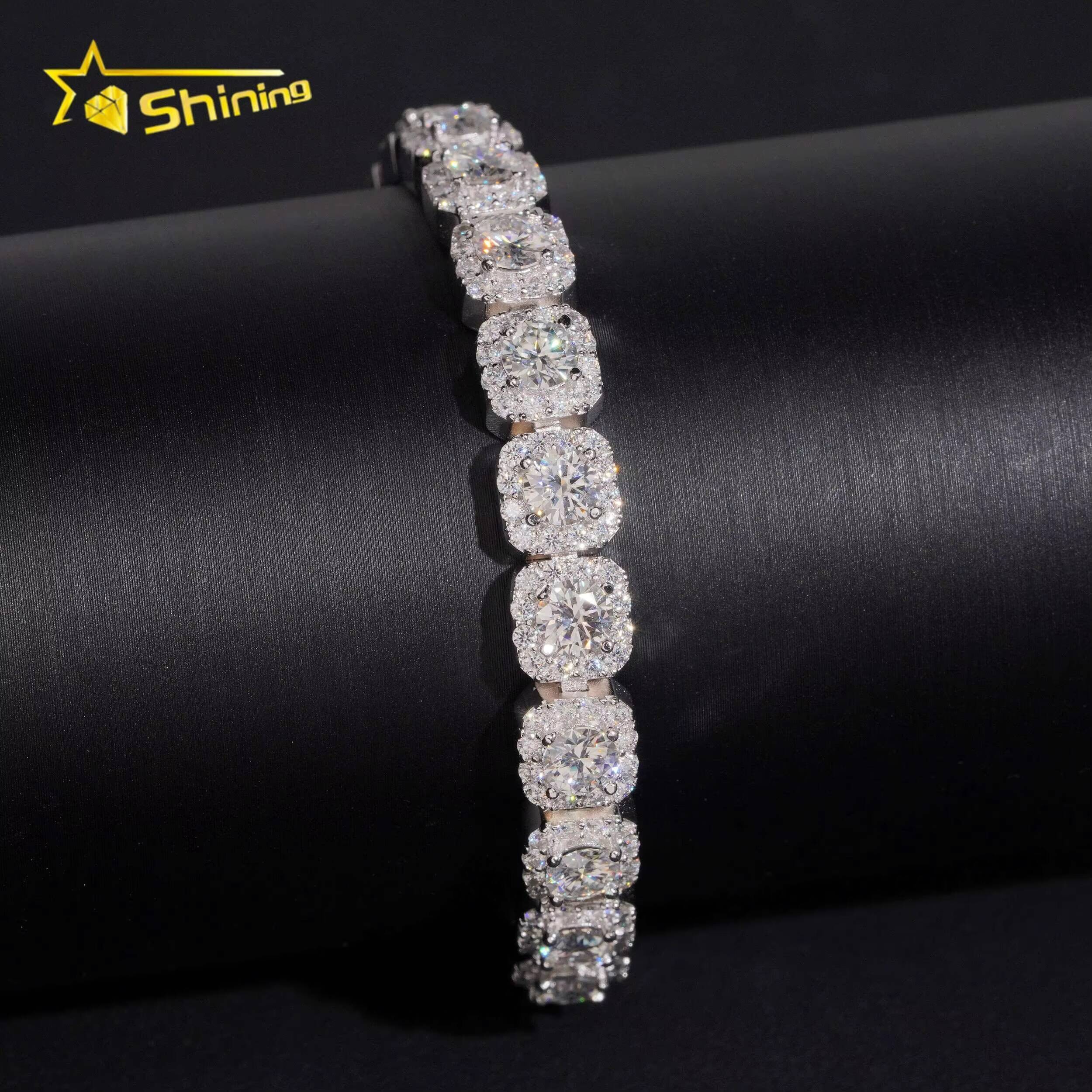 Popular Halo Design 925 Silver Hip Hop 8mm Iced Out Moissanite Diamond Cluster Tennis Bracelet