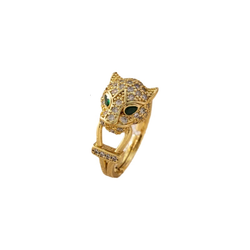 Designer Luxury Designer Leopard Head Ring For Men Women, European American Style Copper Gold Plated Zircon Inlaid Open Adjustable Hip Hop Jewelry Gif