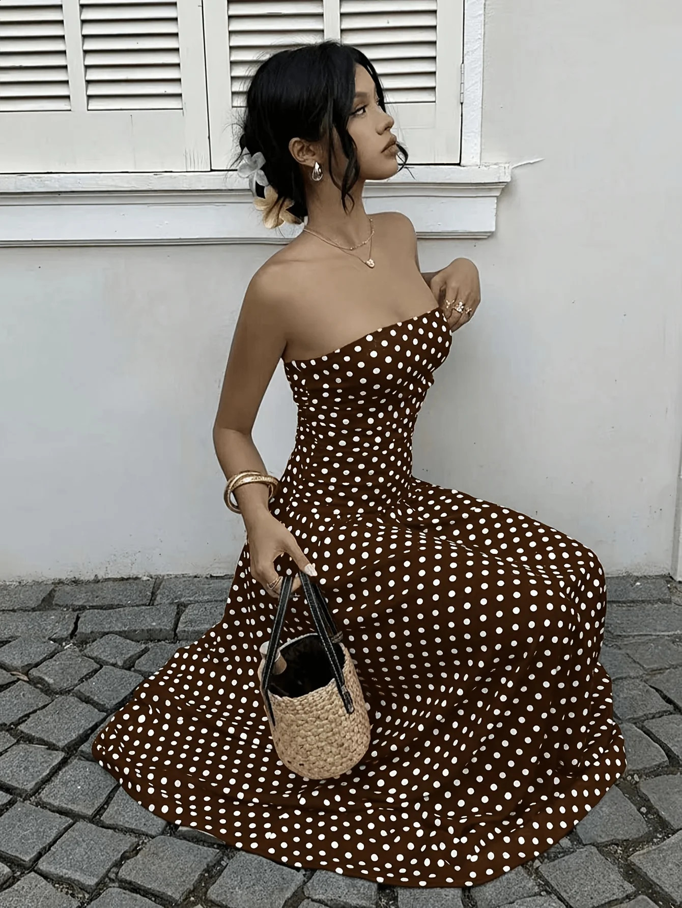 Womens Polka Dot Print Waist-Cinching Vest Dress Vacation Style Long Brown Maxi Skirt Elegant Casual Summer Fashion 260415