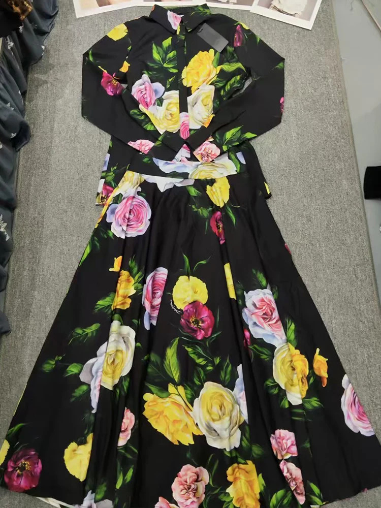 Printed lapel singlebreasted longsleeved shirt spring twopiece suithigh waist and big skirt fashion womens suit 260415