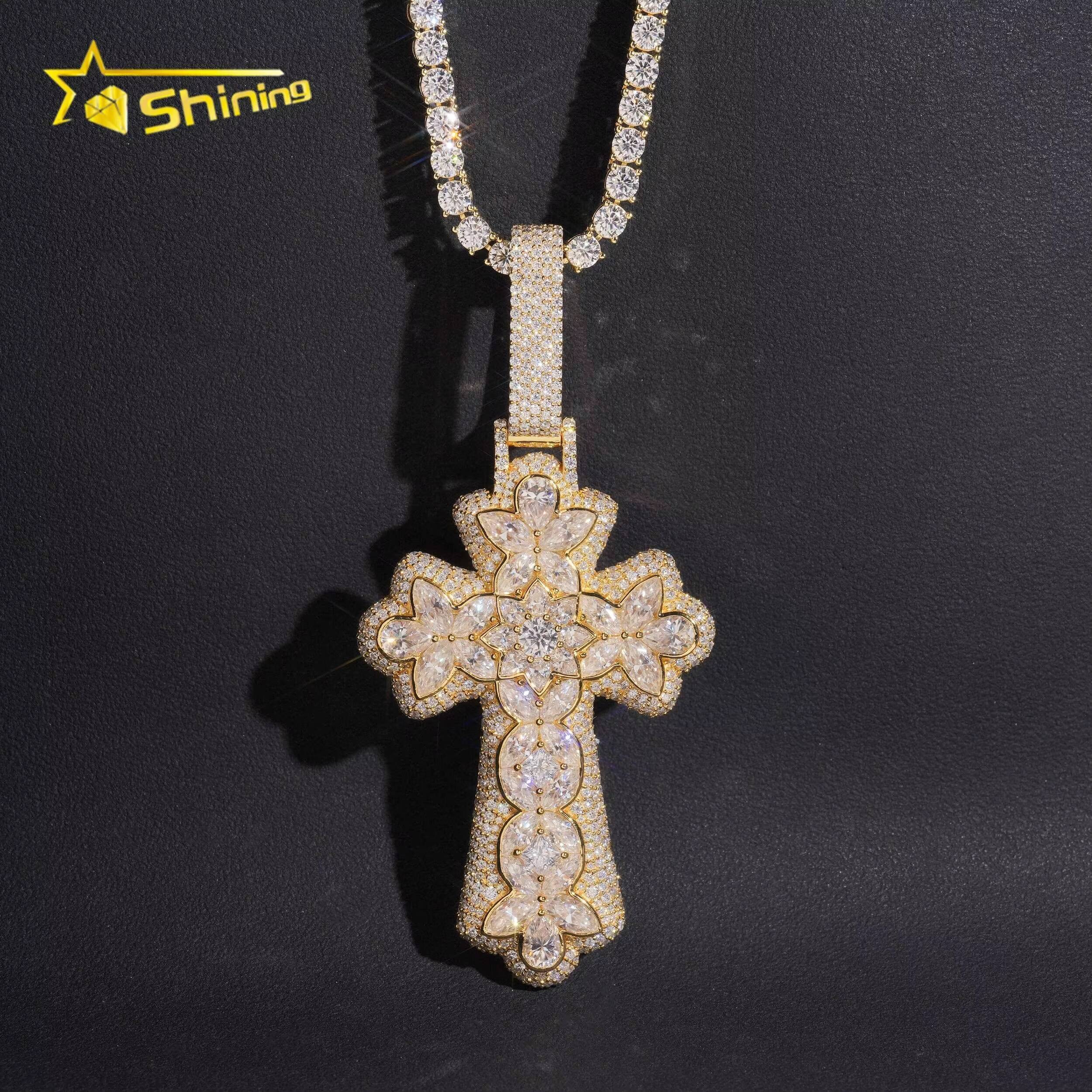 Rapper Jewelry 925 Sterling Silver Hip Hop Fancy Shape Iced Out 18k Gold Plated Moissanite Cross Pendant