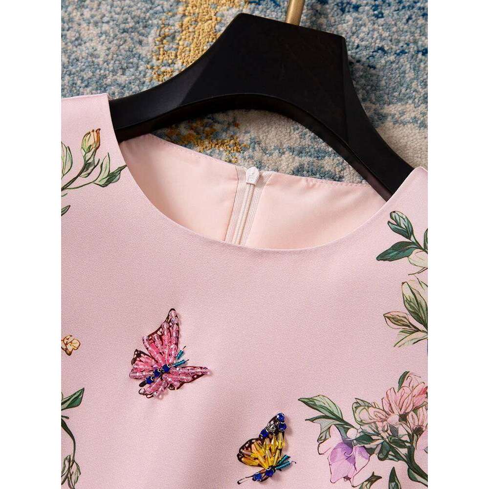 Women Beaded Horse Print Pink Short Sleeve Loose Straight Fit Elegant Spring Summer Casual Midi Dress New Arrival MAKOUFEI