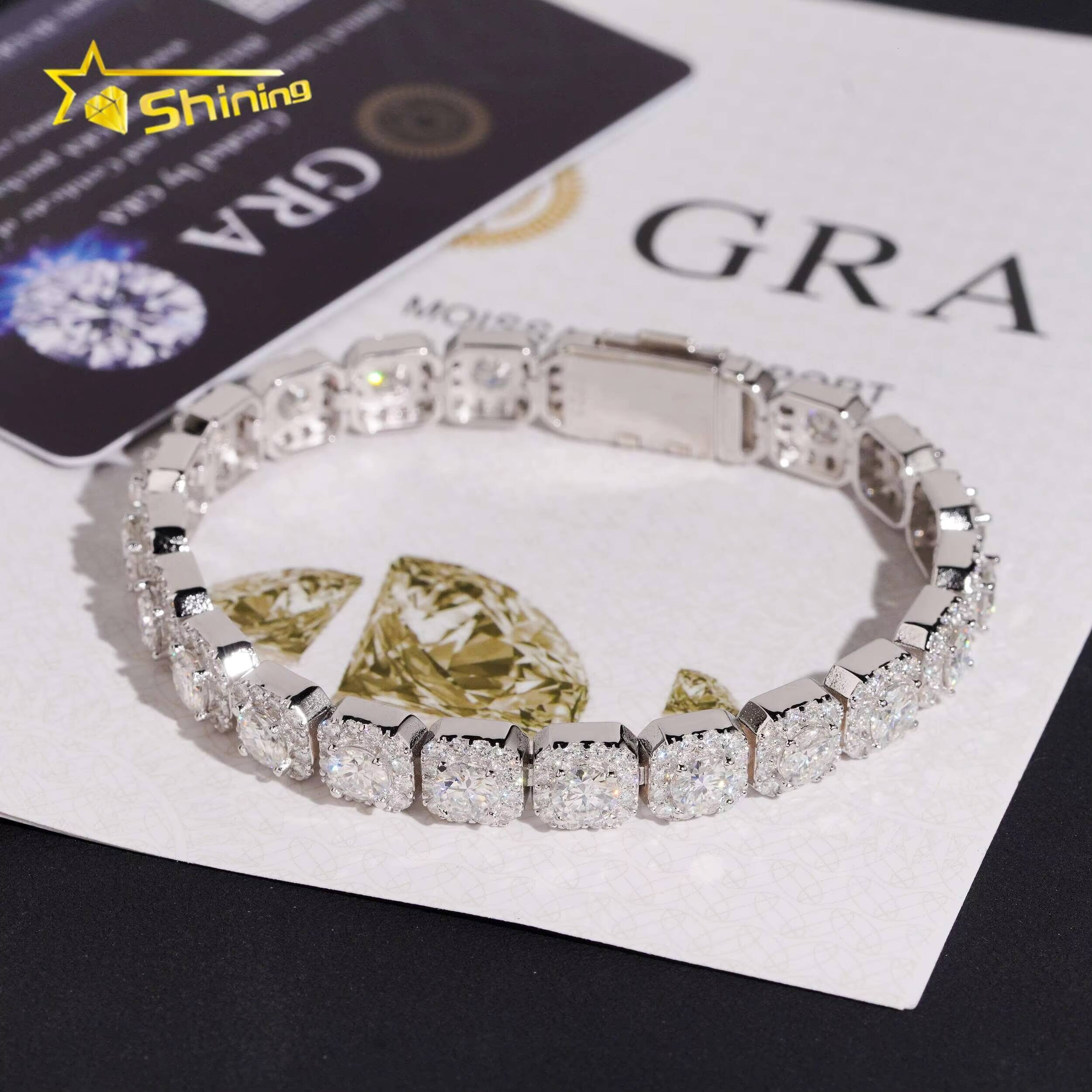 Popular Halo Design 925 Silver Hip Hop 8mm Iced Out Moissanite Diamond Cluster Tennis Bracelet