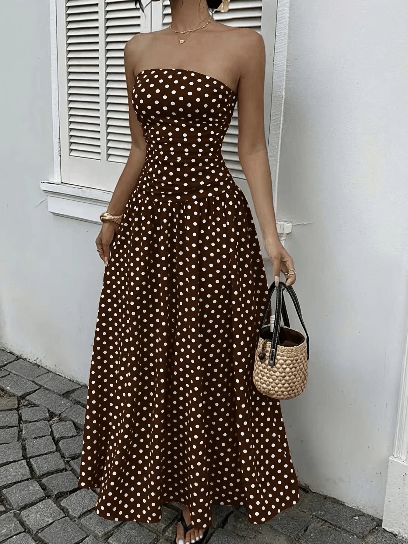 Womens Polka Dot Print Waist-Cinching Vest Dress Vacation Style Long Brown Maxi Skirt Elegant Casual Summer Fashion 260415