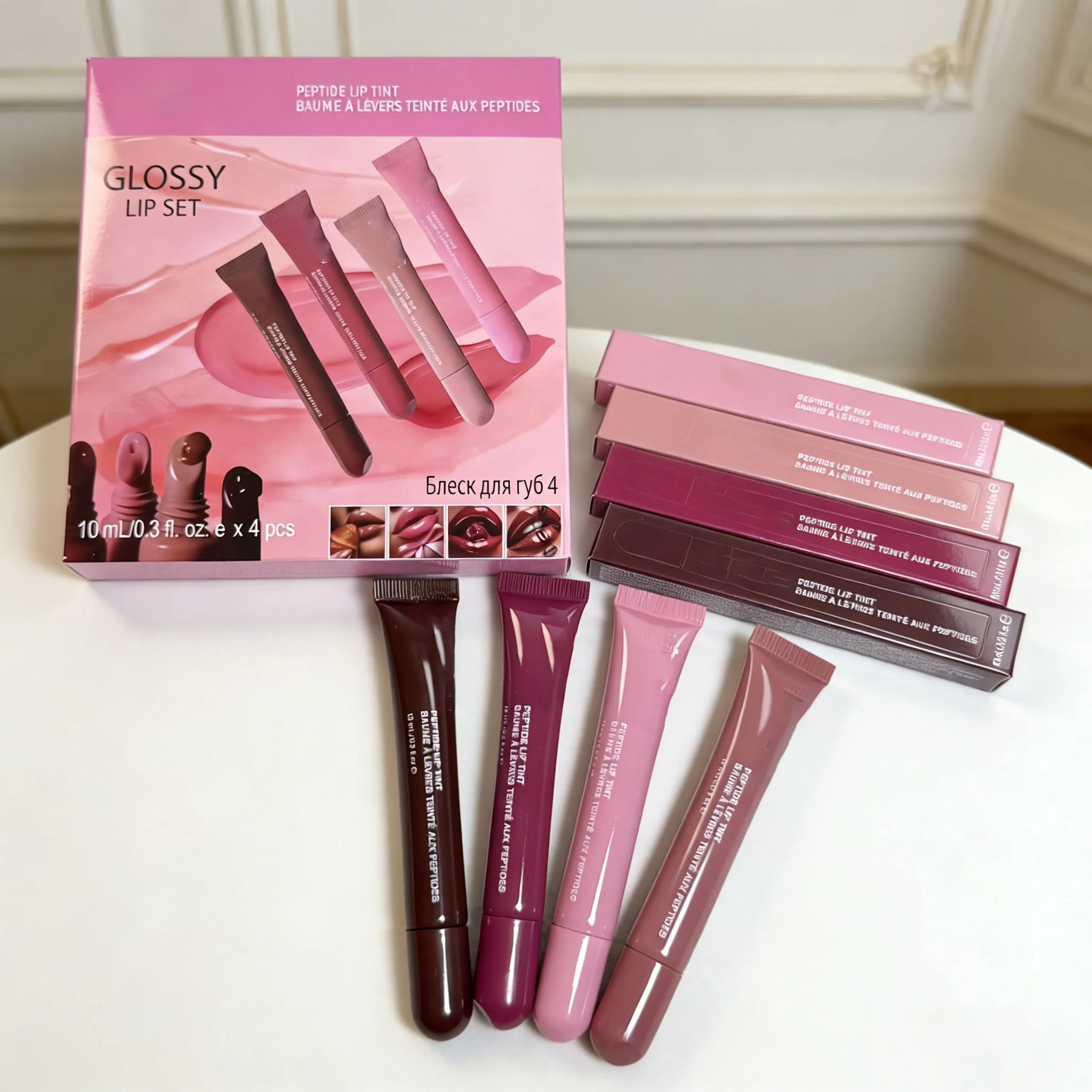 Glossy Lip Set 10ml 4pcs Lipgloss Gift Box Lip Gloss Lip Plumper Liquid Lipstick Toast Espresso Raspberry Ribbon 4Colors Lipbalm Shiny Glitter Lipglos