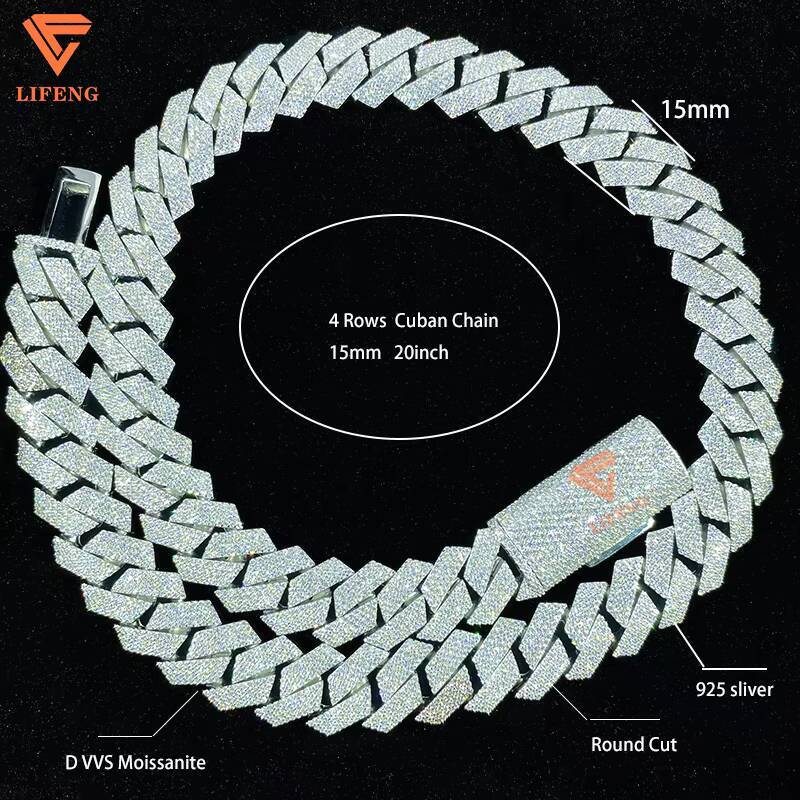 White Gold VVS Moissanite Cuban Link Necklace 15mm 4row Diamond Chain 925 Sterling Silver Fine Hip Hop Jewelry for Men