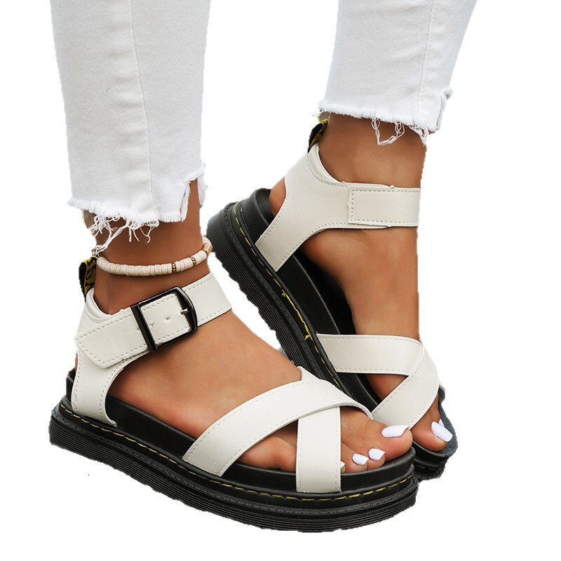 Summer New Thick-Soled One-Strap Cross Solid Color Buckle Large Size Hollow Roman Beach Sandals for Women In Stock