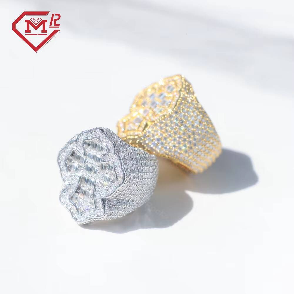 Pass Diamond Tester Moissanite Cross Ring 925 Sterling Sliver Fully Iced Out Vvs Baguette Diamond Moissanite Ring