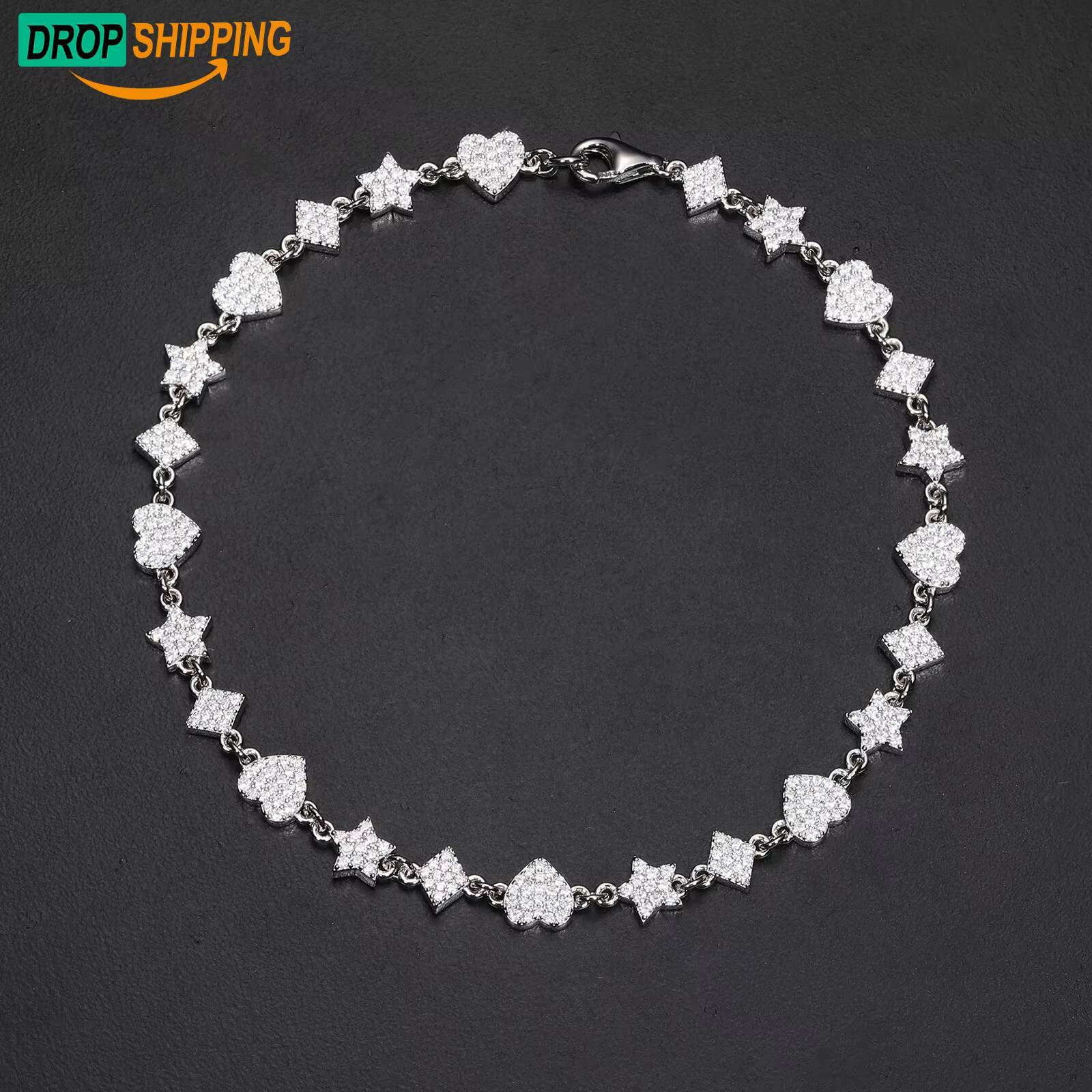 Dropshipping Fashion 6mm 10mm 925 Sterling Silver VVS Moissanite Iced Out Star Heart Rhombus Motif Cluster Tennis Bracelet
