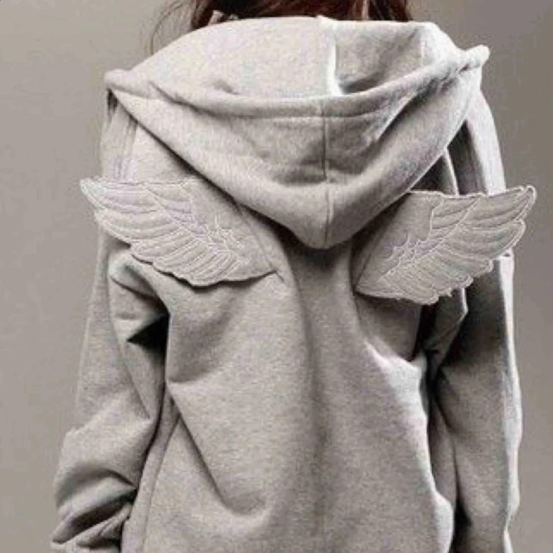 Women Grey Angel Wing Embroidered Hoodie Cute Kawaii Pullover Sweatshirt Wing Decoration Back Y2K Street Harajuku Loose Pullover 260415