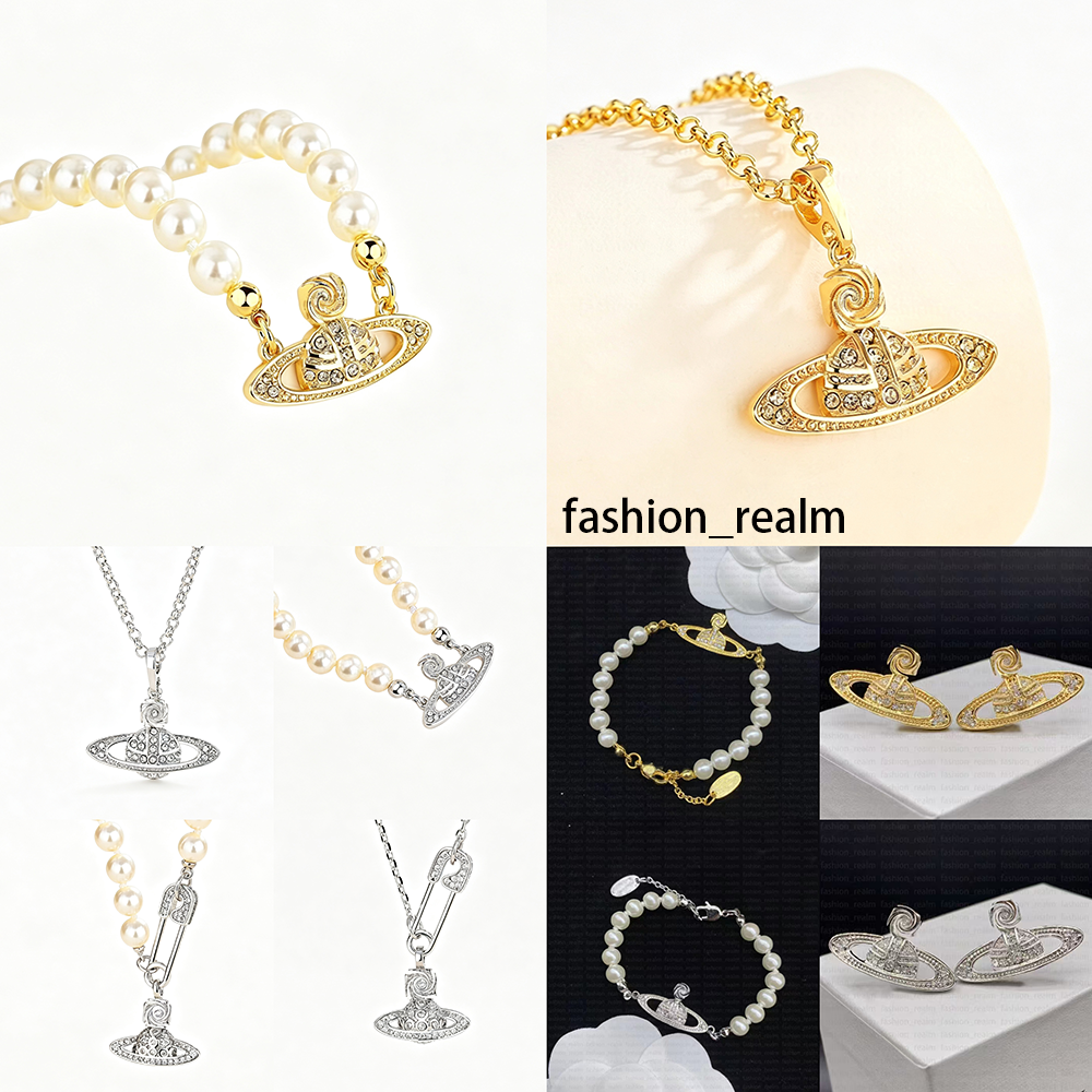 Beaded Pearl Planet Necklaces bracelet earring Pin Satur Necklace Designer for Women Diamond 18K Gold Plated Galaxy Mother of pearl pendant choker chain for Wedding