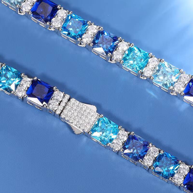 New Arrival Summer Blue Gradient Color CZ 925 Sterling Silver Tennis Chain Iced Out Moissanite Fashion Colorful Necklace