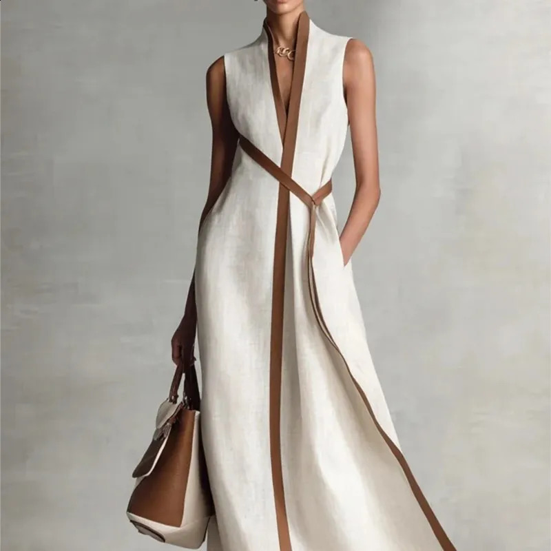 Contrast Color Sleeveless Dress Lace Up 2026 Simple Loose Fashionable Womens Stand Collar Cotton Linen Solid Color Long Dress 260415