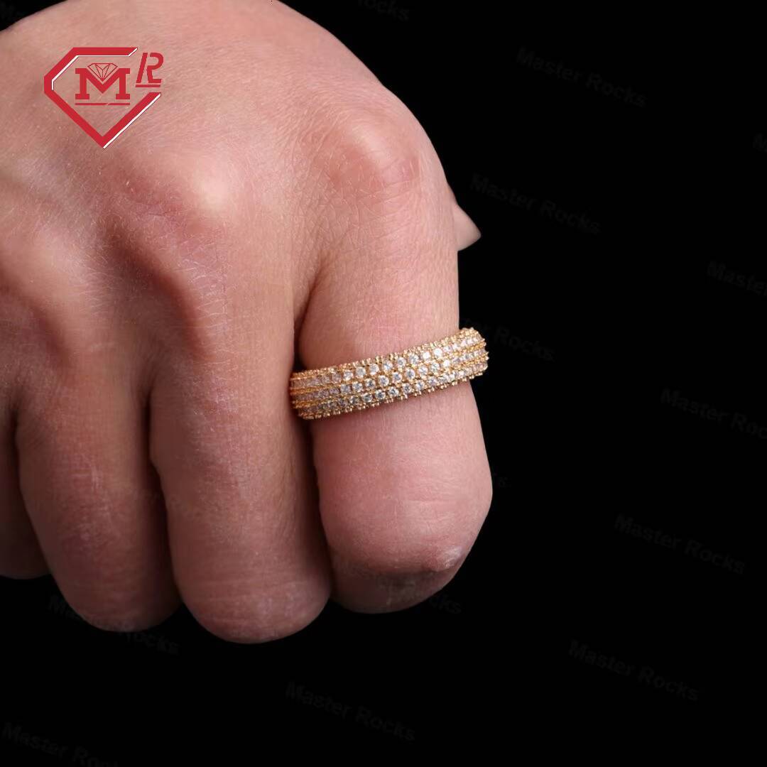 Custom Fashion Jewelry 925 Sterling Silver Gold Plated Iced Rings Hip Hop Gra Round Moissanite Diamond for Mens Hiphop Ring