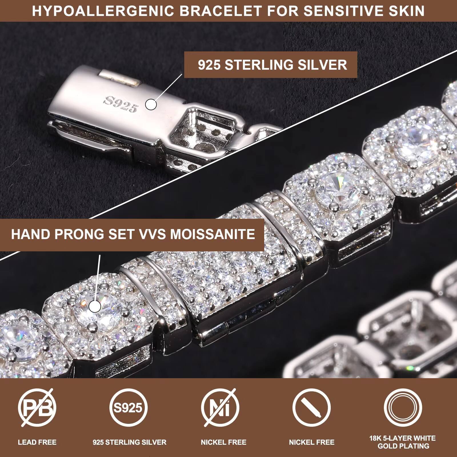 Fine Jewelry 6mm 8mm White Gold Sterling Silver 925 Vvs Moissanite Diamond Iced Out Square Hola Tennis Chain Bracelet Men Women