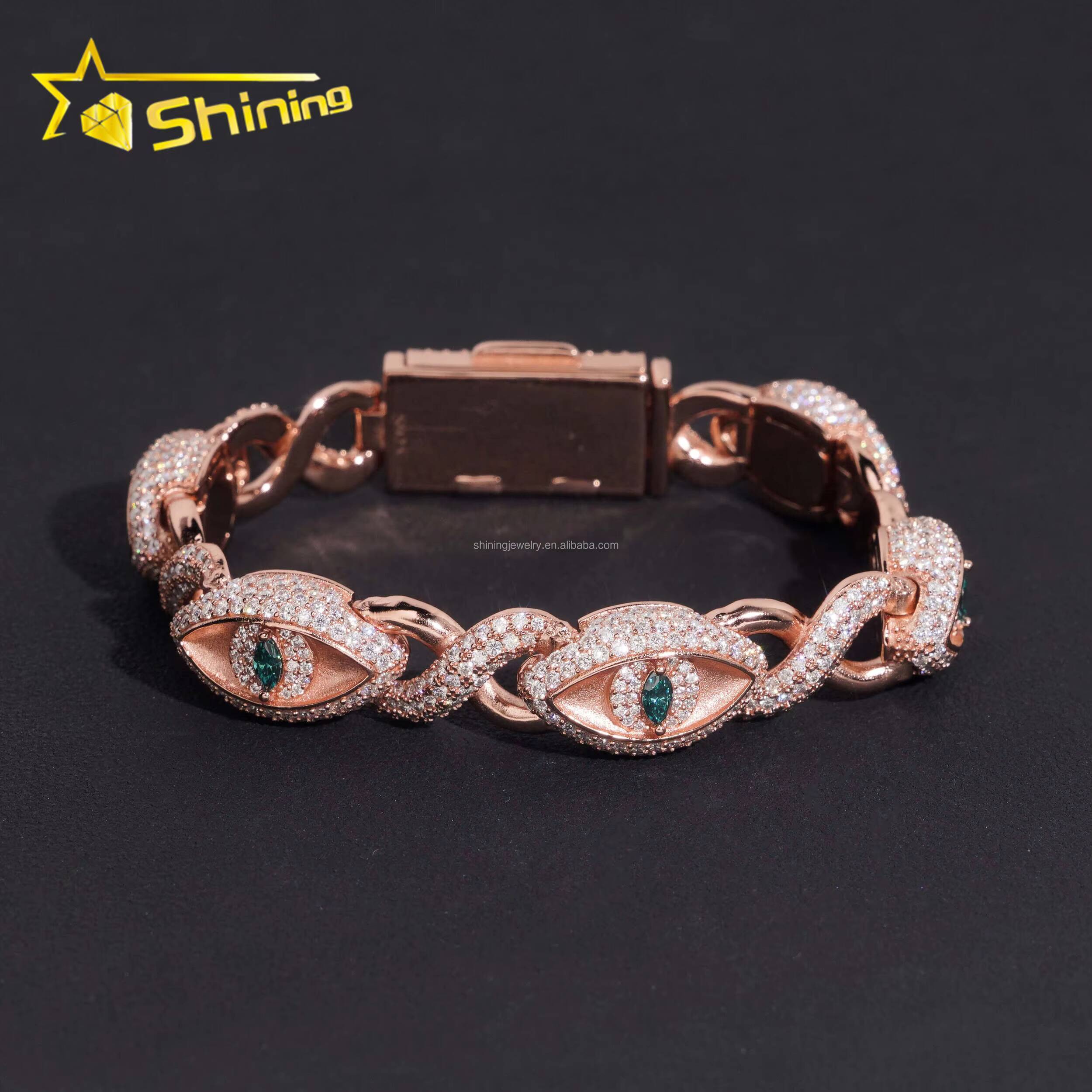 New Design 12mm Jewelry Hip Hop Green White Marquise Moissanite Diamond Iced Out S925 Silver Infinity Evil Eyes Cuban Bracelet
