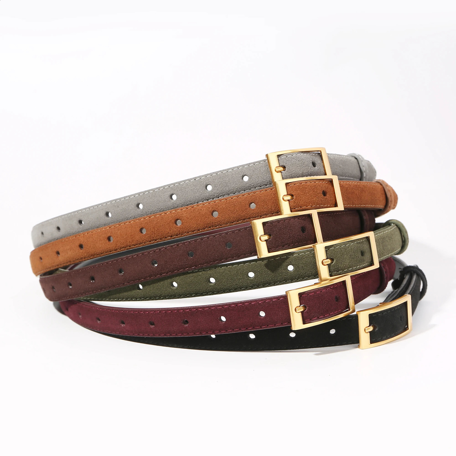 Suede Cowhide Belts Womens Leather Belt Skinny Waist Belt for Dresses Jeans Pants with Gold Squar Buckle 260415