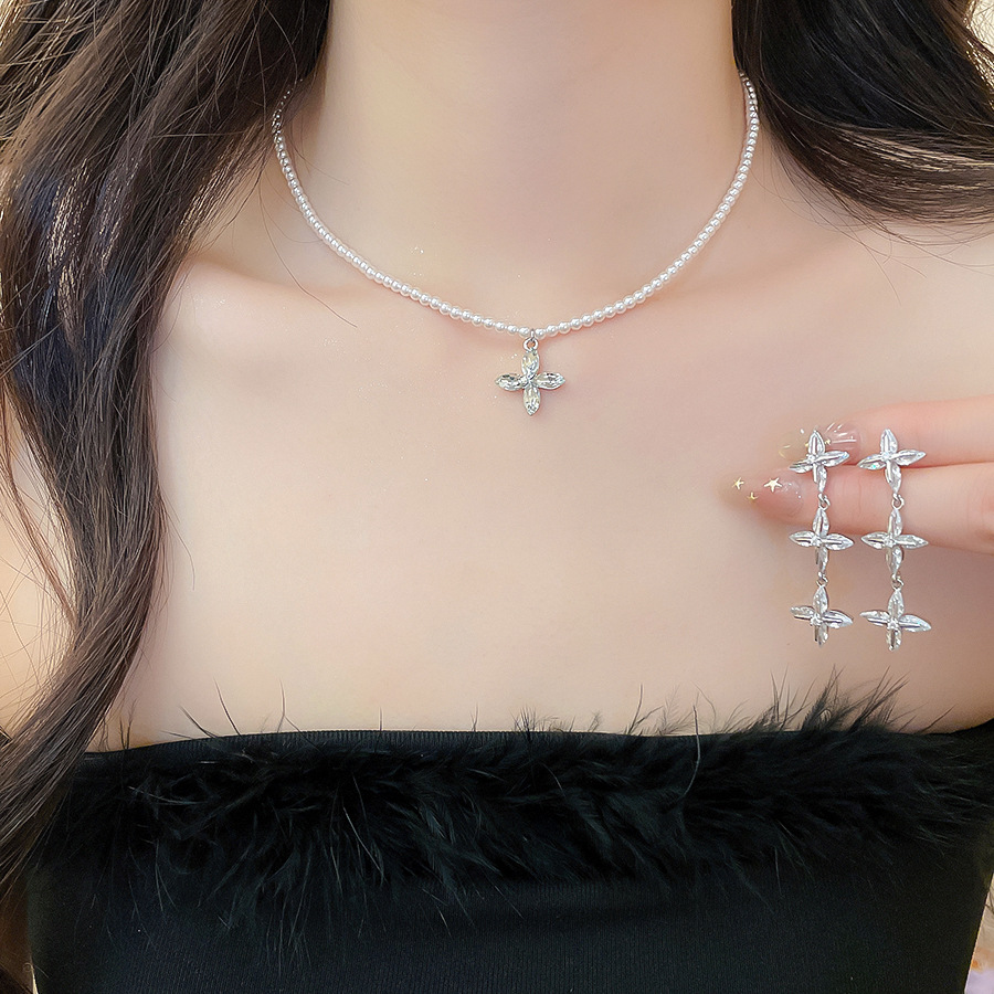 Delicate exquisite cross pearl earring and necklace set, niche fashion, elegant, light luxury, high-end jewelry wholesale - view 3