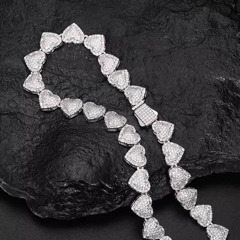 Full Iced Out Diamond 925 Solid Silver 10mm Hip Hop Luxury Baguette Moissanite Heart Link Chain Couple Necklace