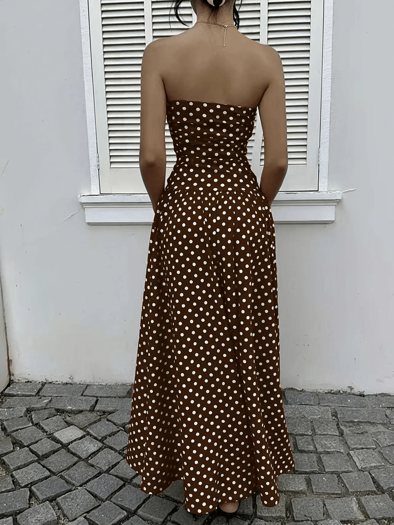 Womens Polka Dot Print Waist-Cinching Vest Dress Vacation Style Long Brown Maxi Skirt Elegant Casual Summer Fashion 260415