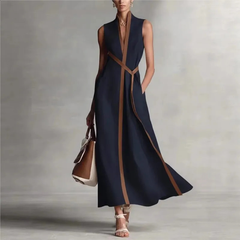 Contrast Color Sleeveless Dress Lace Up 2026 Simple Loose Fashionable Womens Stand Collar Cotton Linen Solid Color Long Dress 260415