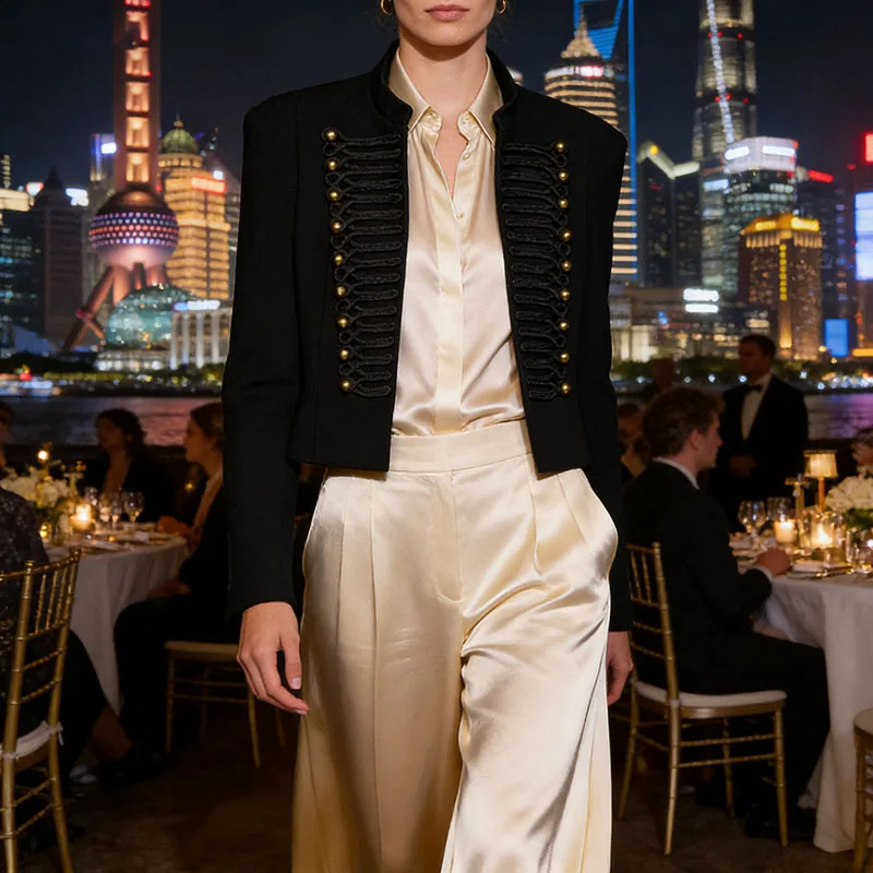 Womens Jacket Short Blazer RopeBraided Decoration Gold Button Epaulette Wear 2026 Spring Coat 260415