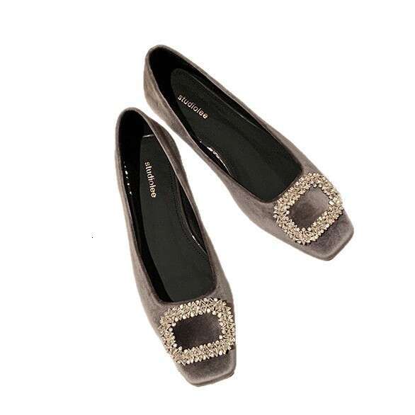 In stock~New autumn and winter elegant sparkling diamond buckle round toe high heels, comfortable chunky heel suede shallow single shoes for women - view 6