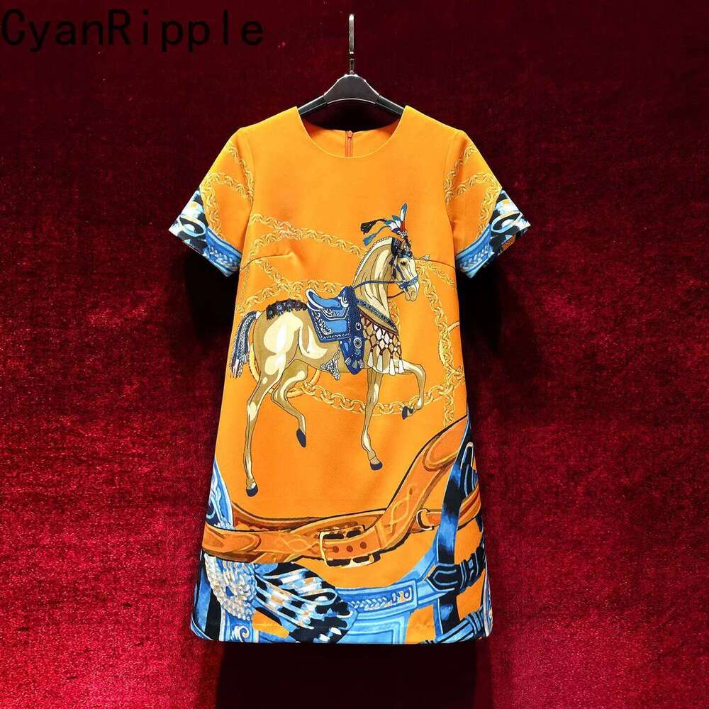 High Quality New Spring Summer Orange Short Sleeve Women Round Neck Cartoon Printed Fashionable Casual A line Dress MAKOUFEI