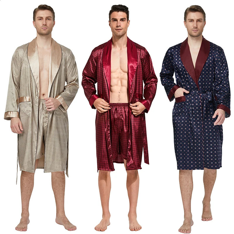 Tony Candice Mens Satin Robe Lightweight Long Sleeve Silk Kimono Bathrobe with Shorts Set Sleepwear 260415